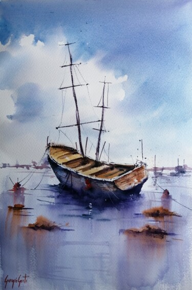 Painting titled "boat stranded 18" by Giorgio Gosti, Original Artwork, Watercolor
