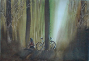 Painting titled "bicycle in the wood" by Giorgio Gosti, Original Artwork, Watercolor