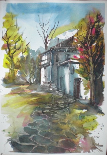 Painting titled "autumn's house" by Giorgio Gosti, Original Artwork, Watercolor