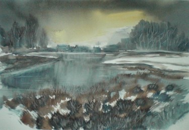 Painting titled "lake landscape" by Giorgio Gosti, Original Artwork, Watercolor