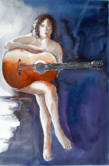 Картина под названием "girl with the guitar" - Giorgio Gosti, Подлинное произведение искусства, Акварель