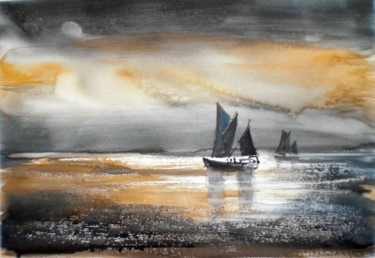 Картина под названием "boats in the sunset" - Giorgio Gosti, Подлинное произведение искусства, Акварель