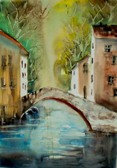 Painting titled "the bridge" by Giorgio Gosti, Original Artwork, Watercolor