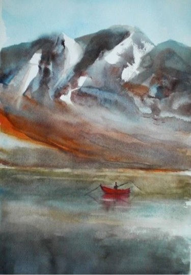 Schilderij getiteld "red boat" door Giorgio Gosti, Origineel Kunstwerk, Aquarel