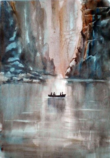 Schilderij getiteld "boat and rocks" door Giorgio Gosti, Origineel Kunstwerk, Aquarel