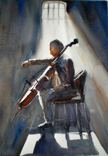 Schilderij getiteld "the musician" door Giorgio Gosti, Origineel Kunstwerk, Aquarel