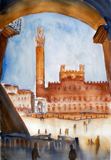 Pittura intitolato "piazza del campo -…" da Giorgio Gosti, Opera d'arte originale, Acquarello