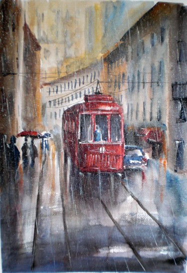 Schilderij getiteld "red tram" door Giorgio Gosti, Origineel Kunstwerk, Aquarel