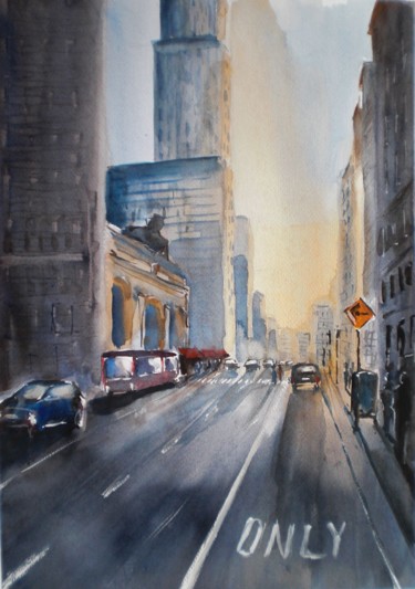 Peinture intitulée "sunset in New York" par Giorgio Gosti, Œuvre d'art originale, Aquarelle