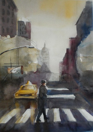 Painting titled "alone in New York" by Giorgio Gosti, Original Artwork, Watercolor