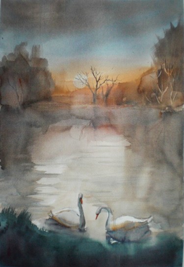 "swans" başlıklı Tablo Giorgio Gosti tarafından, Orijinal sanat, Suluboya