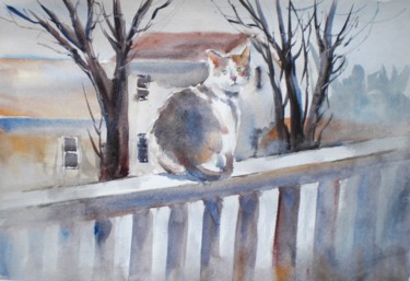 Painting titled "a cat looking at you" by Giorgio Gosti, Original Artwork, Watercolor