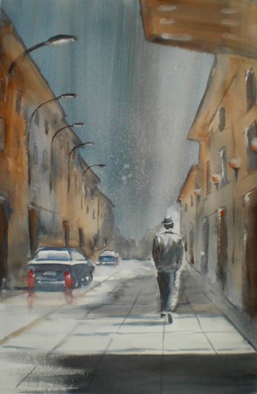 Painting titled "walking alone" by Giorgio Gosti, Original Artwork, Watercolor