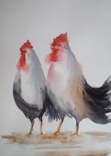 Картина под названием "roosters 3" - Giorgio Gosti, Подлинное произведение искусства, Акварель