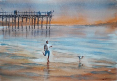 Painting titled "running on the beach" by Giorgio Gosti, Original Artwork, Watercolor