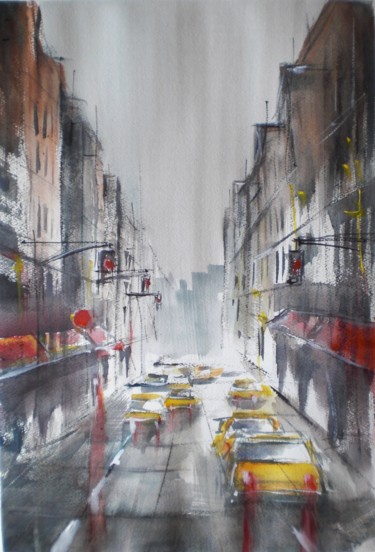 Pittura intitolato "yellow cabs in New…" da Giorgio Gosti, Opera d'arte originale, Acquarello