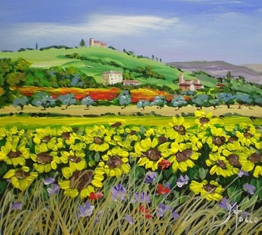 Pittura intitolato "girasoli dim 16x16" da Giorgio Stocco, Opera d'arte originale