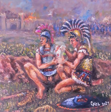 Painting titled "Achilles and Patroc…" by Giorgos Ncl, Original Artwork, Oil Mounted on Wood Stretcher frame