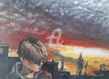 Картина под названием "Urban sunset" - Giorgos Νcl, Подлинное произведение искусства, Масло Установлен на Деревянная рама дл…