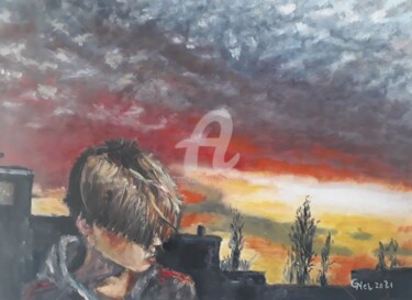 Painting titled "Urban sunset" by Giorgos Ncl, Original Artwork, Oil Mounted on Wood Stretcher frame