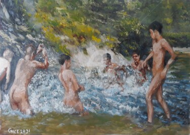 Malerei mit dem Titel "River games" von Giorgos Ncl, Original-Kunstwerk, Öl