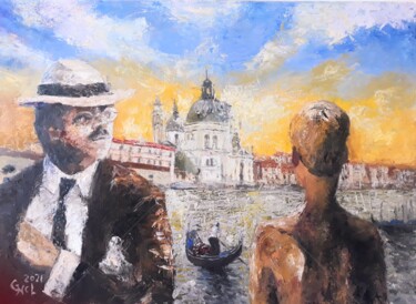 Painting titled "Death in Venice" by Giorgos Ncl, Original Artwork, Oil Mounted on Wood Stretcher frame
