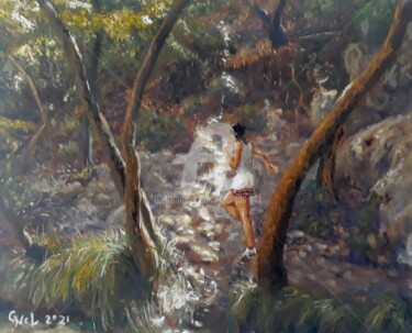 Painting titled "Forest" by Giorgos Ncl, Original Artwork, Oil Mounted on Wood Stretcher frame