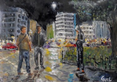 Painting titled "At the square" by Giorgos Ncl, Original Artwork, Oil