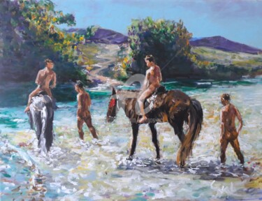Painting titled "Riding lessons" by Giorgos Ncl, Original Artwork, Acrylic Mounted on Wood Stretcher frame