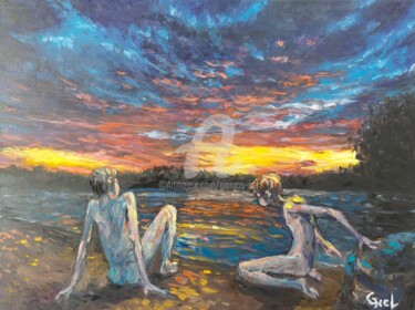 Ζωγραφική με τίτλο "Lake sunset" από Giorgos Νcl, Αυθεντικά έργα τέχνης, Λάδι Τοποθετήθηκε στο Ξύλινο φορείο σκελετό