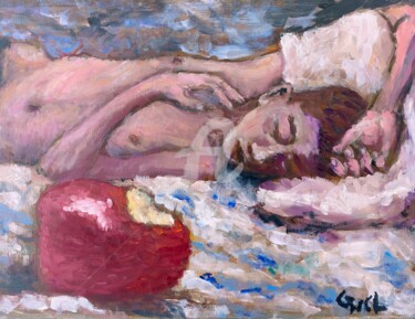 Painting titled "evil's apple" by Giorgos Ncl, Original Artwork, Oil Mounted on Cardboard