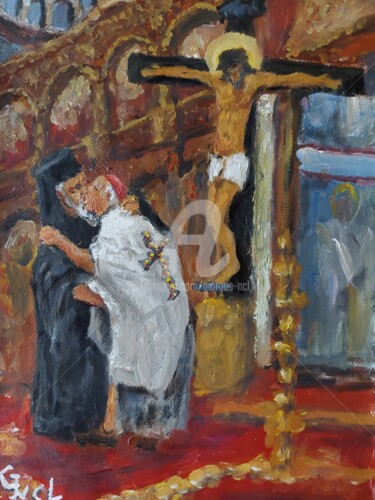 Painting titled "Church's human natu…" by Giorgos Ncl, Original Artwork, Oil
