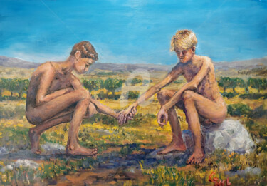 Painting titled "Friends" by Giorgos Ncl, Original Artwork, Oil