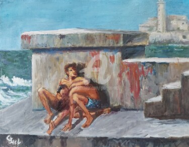 Peinture intitulée "Sea boys" par Giorgos Ncl, Œuvre d'art originale, Huile