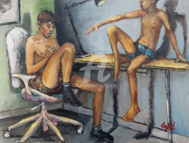 Painting titled "Studying" by Giorgos Ncl, Original Artwork, Oil Mounted on Cardboard