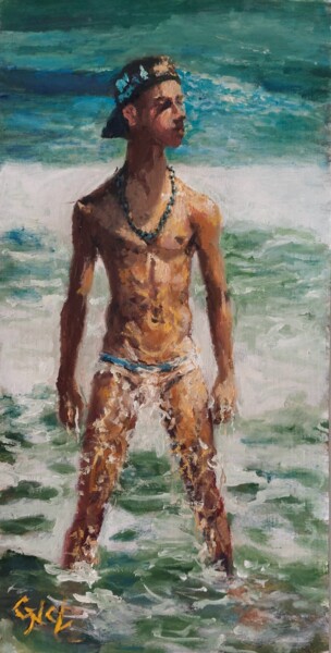 Painting titled "Bather" by Giorgos Ncl, Original Artwork, Oil