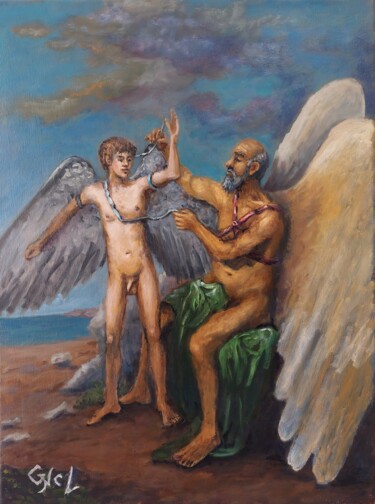 Painting titled "Daedalus n' Icarus" by Giorgos Ncl, Original Artwork, Oil Mounted on Wood Stretcher frame
