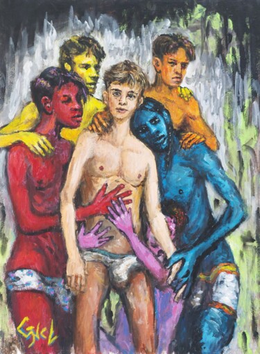 Painting titled "Colorful boys" by Giorgos Ncl, Original Artwork, Acrylic Mounted on Cardboard