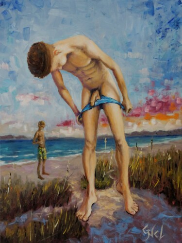 Painting titled "Bathers 301" by Giorgos Ncl, Original Artwork, Oil Mounted on Wood Stretcher frame