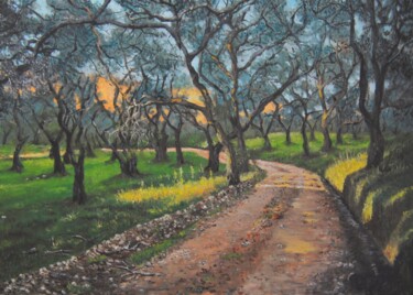 Painting titled "Olive trees forest" by Giorgos Ncl, Original Artwork, Oil Mounted on Wood Stretcher frame