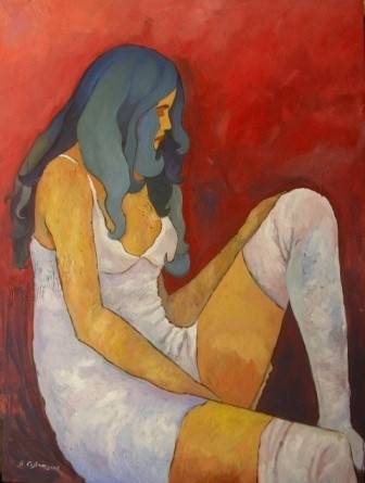 Pittura intitolato "Donna con abito bia…" da Giosi Costan, Opera d'arte originale