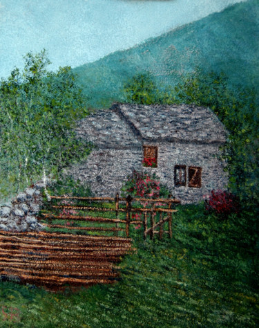 Pittura intitolato "Baite in valle Cervo" da Giovanni Boggio, Opera d'arte originale, Olio