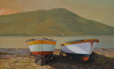 Peinture intitulée "Barche all'alba" par Giovanni Mileo, Œuvre d'art originale, Huile