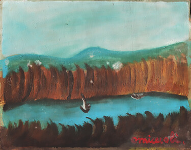 Malerei mit dem Titel "Barche nel fiordo" von Giovanni Omiccioli, Original-Kunstwerk, Öl