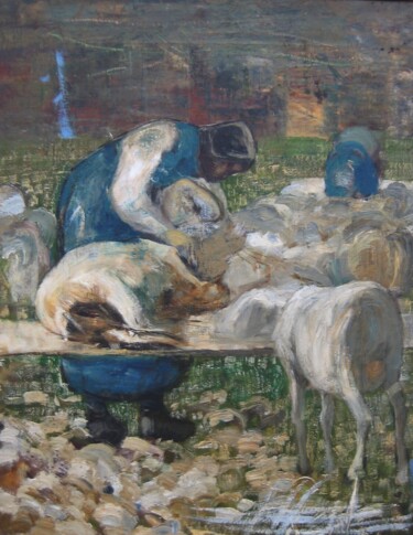 Malerei mit dem Titel "Tonte des moutons" von Giovanni Segantini, Original-Kunstwerk, Öl