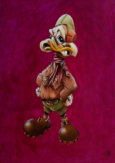 Painting titled "Kombat Duck" by Gipé, Original Artwork, Oil Mounted on Wood Stretcher frame