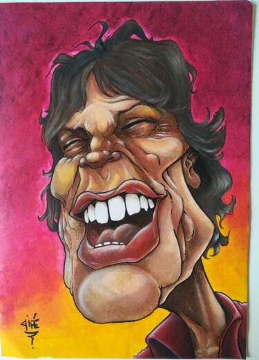 Schilderij getiteld "Mick Jagger" door Gipé, Origineel Kunstwerk, Olie Gemonteerd op Frame voor houten brancard