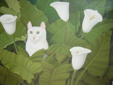 Peinture intitulée "chat dans les arums" par Jean-Jacques Giraud, Œuvre d'art originale, Huile Monté sur Châssis en bois