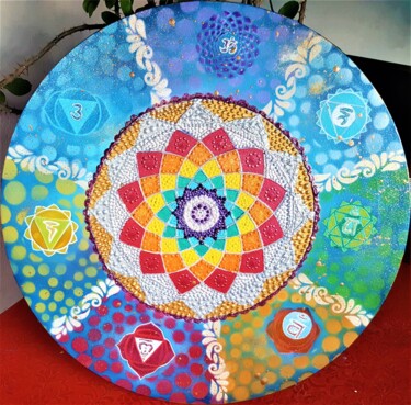 Malerei mit dem Titel "7 chakra Mandala" von Gisela Gonzalez, Original-Kunstwerk, Acryl