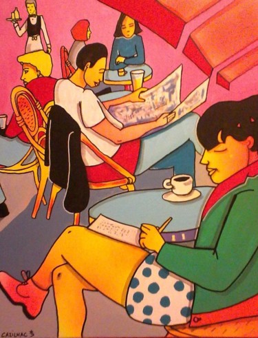 Malerei mit dem Titel "Au café 4" von Gisèle Cazilhac, Original-Kunstwerk, Acryl